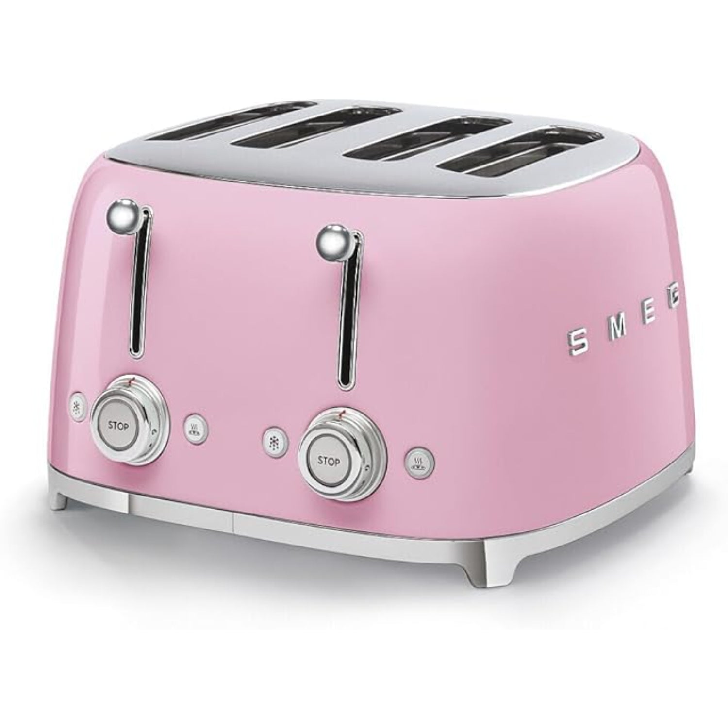 Tostadora SMEG rosa frontal, diseño retro en cocina moderna